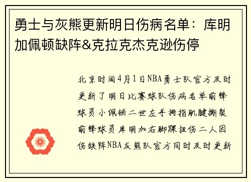 勇士与灰熊更新明日伤病名单：库明加佩顿缺阵&克拉克杰克逊伤停